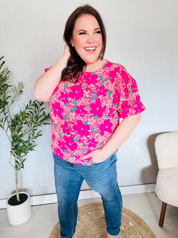 Vacay Vibes Floral Back Keyhole Short Smocked Banded Sleeve Top - Coeur de la Mode