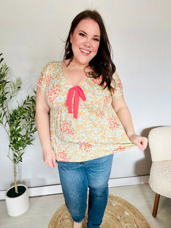 Be Charming Sage Floral Print Elastic Neck Ribbon Bow Tie Top - Coeur de la Mode