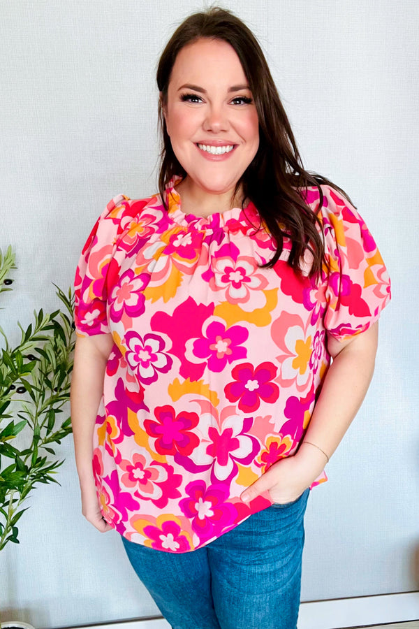 Perfectly You Fuchsia Big Floral Frill Neck Back Button Blouse - Coeur de la Mode