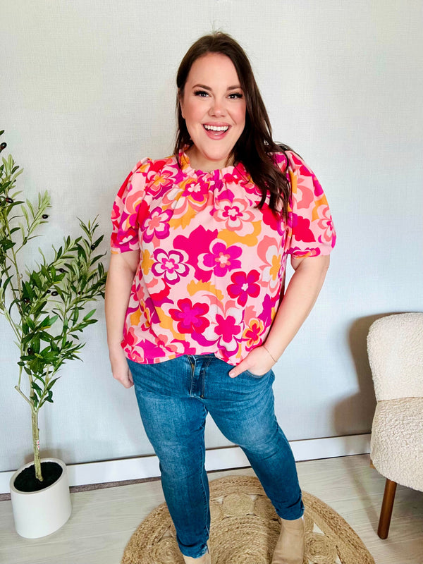 Vacay Vibes Floral Back Keyhole Short Smocked Banded Sleeve Top - Coeur de la Mode