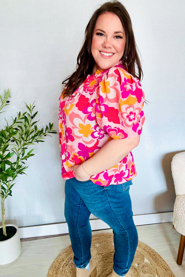 Perfectly You Fuchsia Big Floral Frill Neck Back Button Blouse - Coeur de la Mode