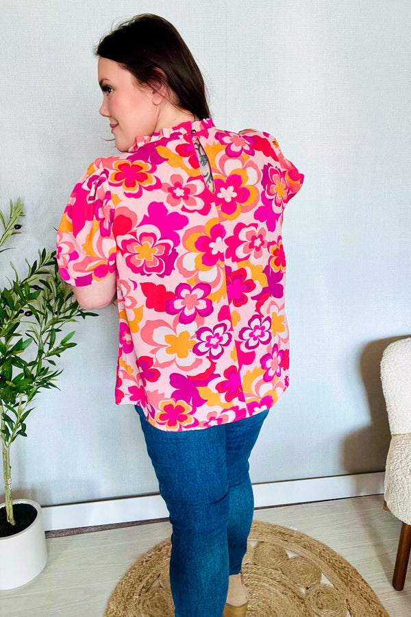Perfectly You Fuchsia Big Floral Frill Neck Back Button Blouse - Coeur de la Mode