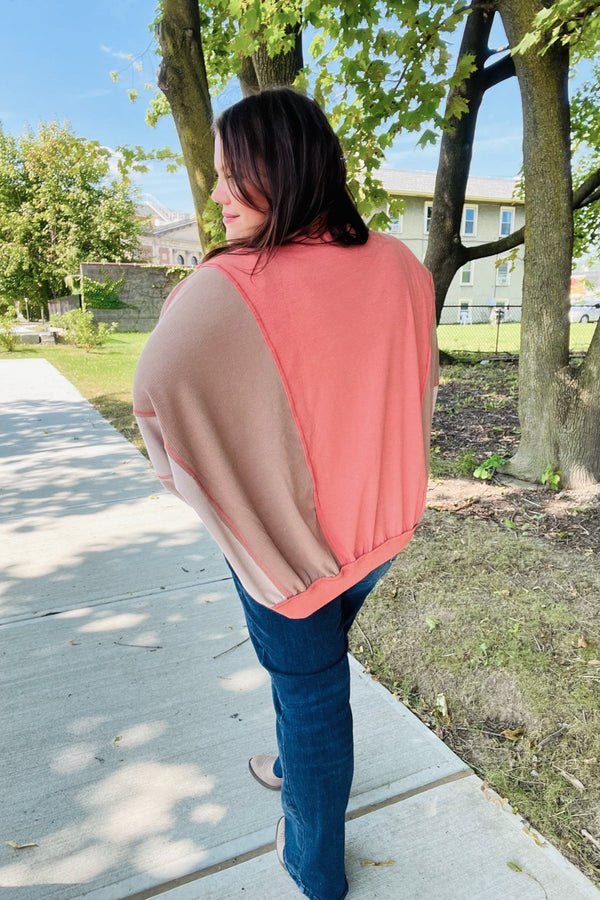 Boldy You Camel Dolman Sleeve Colorblock Knit Bomber Jacket - Coeur de la Mode
