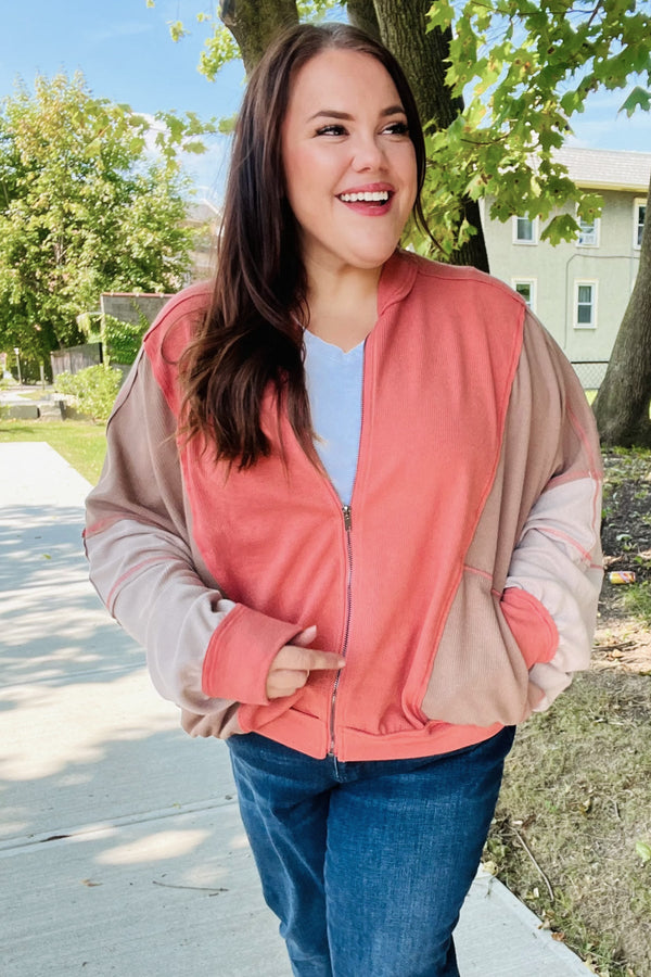 Boldy You Camel Dolman Sleeve Colorblock Knit Bomber Jacket - Coeur de la Mode