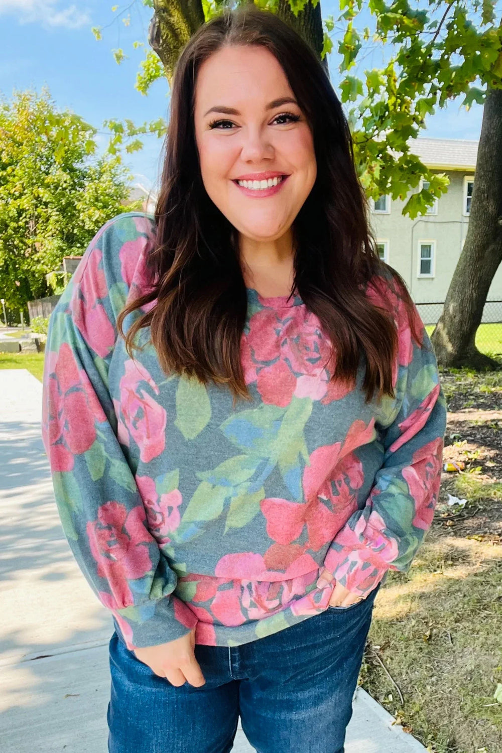Everyday Hunter Green Floral Brushed Hacci Sweater Top - Coeur de la Mode