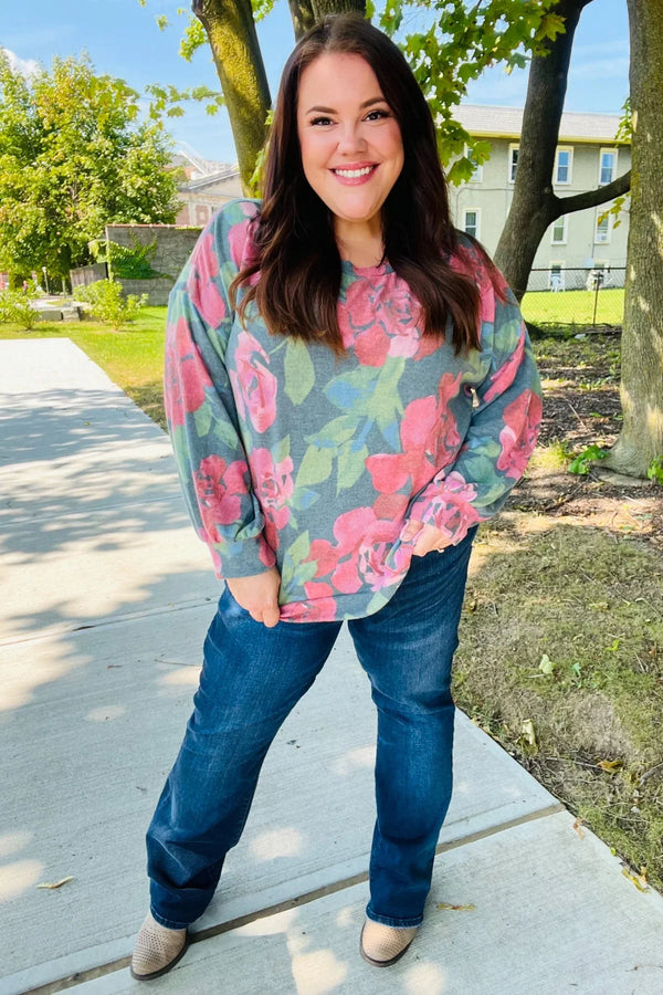 Everyday Hunter Green Floral Brushed Hacci Sweater Top - Coeur de la Mode