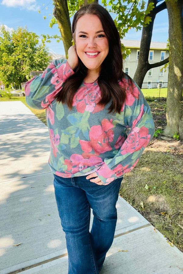 Everyday Hunter Green Floral Brushed Hacci Sweater Top - Coeur de la Mode