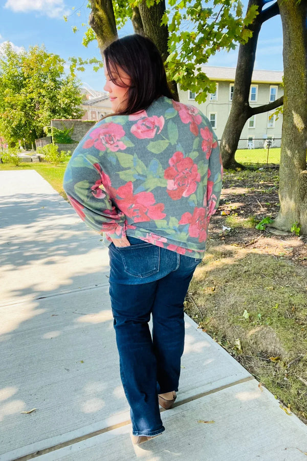 Everyday Hunter Green Floral Brushed Hacci Sweater Top - Coeur de la Mode