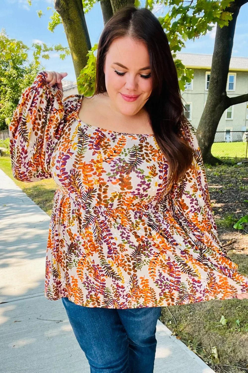 Fall in Love Taupe & Rust Floral Print Babydoll Bubble Sleeve Top - Coeur de la Mode