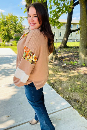 Charming Caramel Floral Print Colorblock Notch Neck Top - Coeur de la Mode