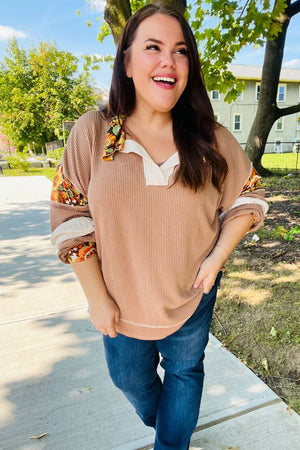Charming Caramel Floral Print Colorblock Notch Neck Top - Coeur de la Mode