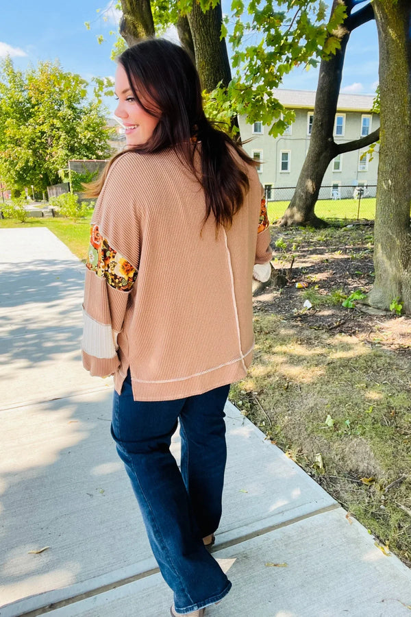 Charming Caramel Floral Print Colorblock Notch Neck Top - Coeur de la Mode