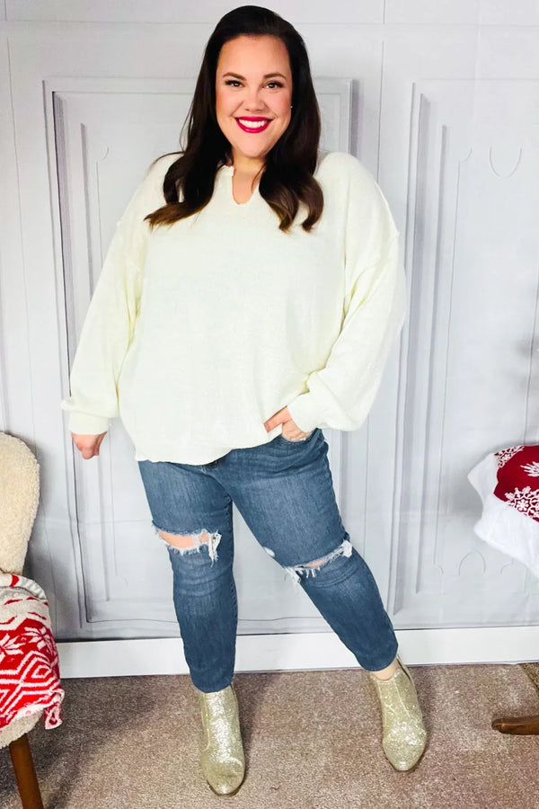 Lock Eyes Ivory Notched Neck With Patch Oversized Sweater - Coeur de la Mode