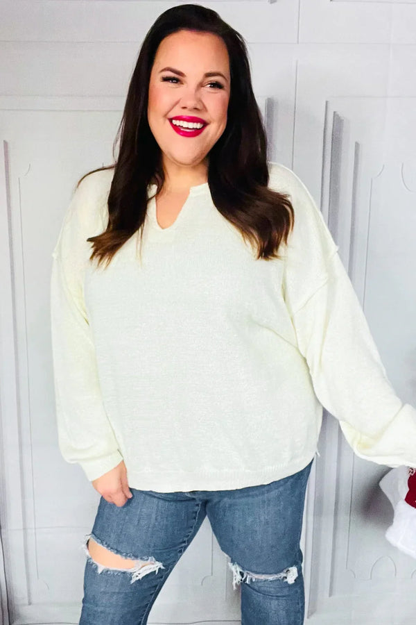 Lock Eyes Ivory Notched Neck With Patch Oversized Sweater - Coeur de la Mode