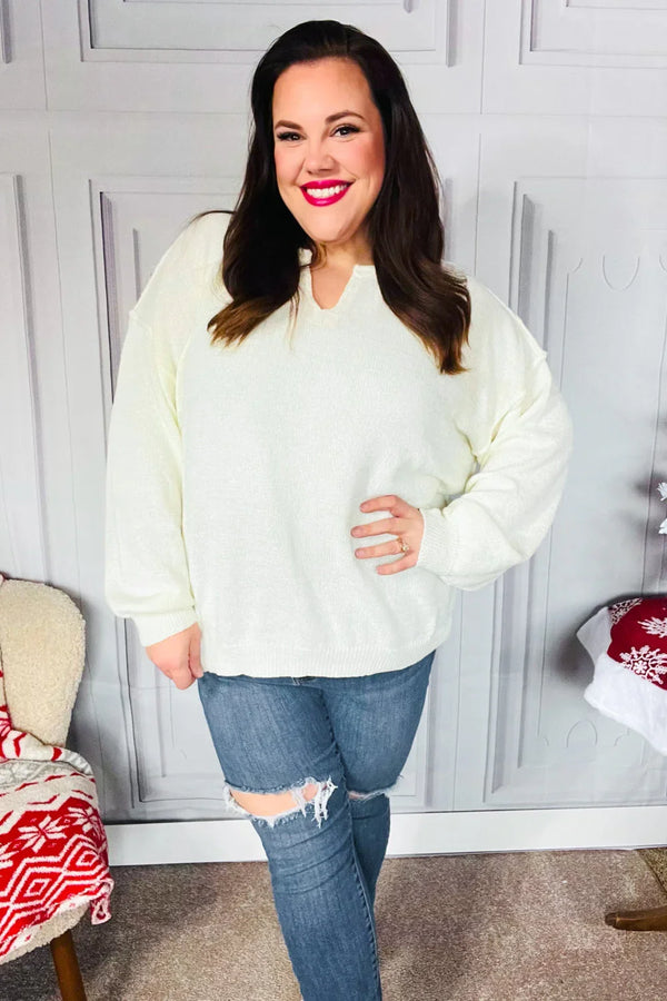 Lock Eyes Ivory Notched Neck With Patch Oversized Sweater - Coeur de la Mode