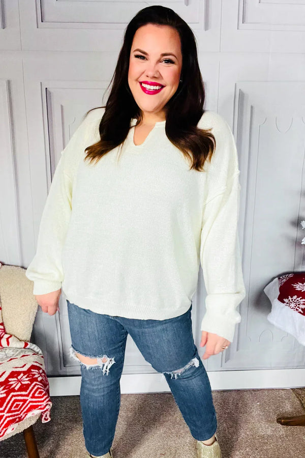 Lock Eyes Ivory Notched Neck With Patch Oversized Sweater - Coeur de la Mode