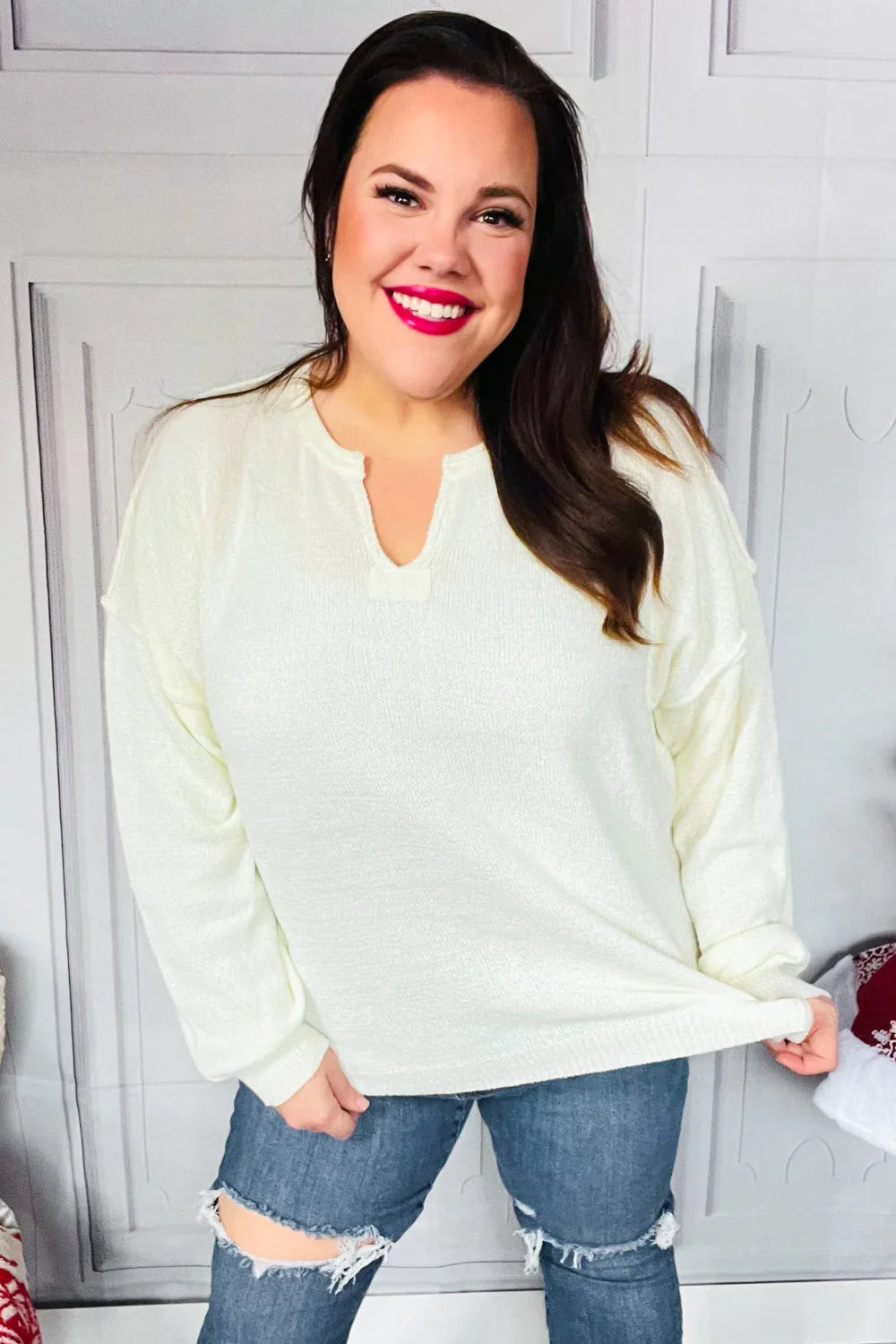 Lock Eyes Ivory Notched Neck With Patch Oversized Sweater - Coeur de la Mode