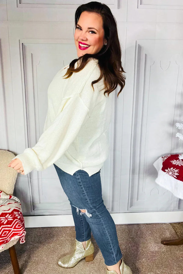 Lock Eyes Ivory Notched Neck With Patch Oversized Sweater - Coeur de la Mode