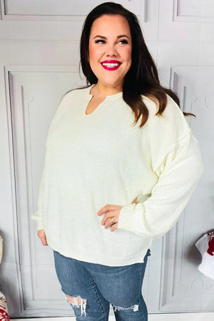Lock Eyes Ivory Notched Neck With Patch Oversized Sweater - Coeur de la Mode