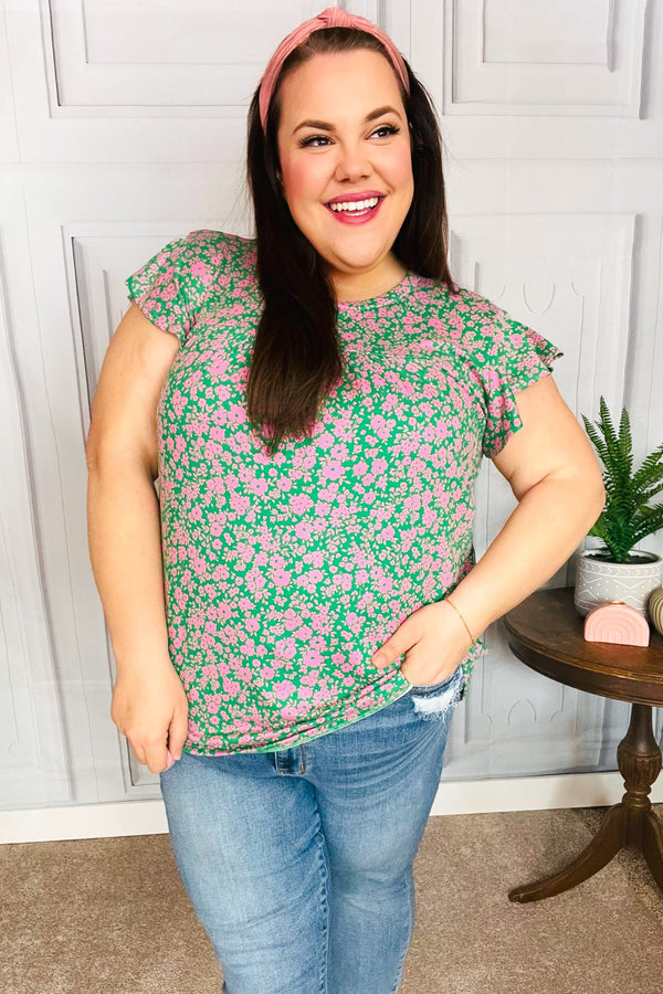 Dreamy Green & Pink Floral Yoke Ruffle Short Sleeve Top - Coeur de la Mode