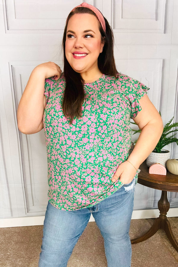 Dreamy Green & Pink Floral Yoke Ruffle Short Sleeve Top - Coeur de la Mode