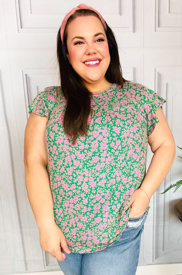 Dreamy Green & Pink Floral Yoke Ruffle Short Sleeve Top - Coeur de la Mode