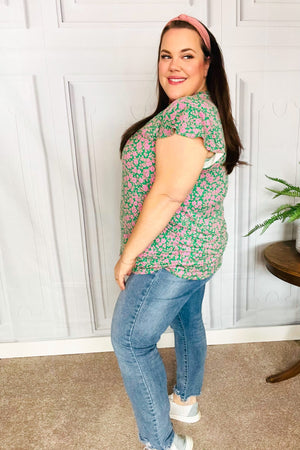 Dreamy Green & Pink Floral Yoke Ruffle Short Sleeve Top - Coeur de la Mode