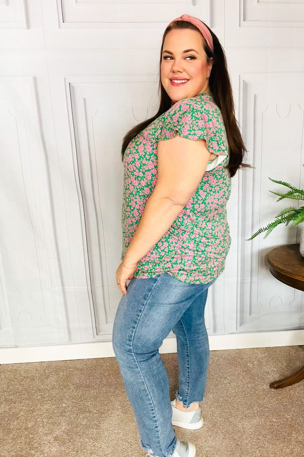 Dreamy Green & Pink Floral Yoke Ruffle Short Sleeve Top - Coeur de la Mode