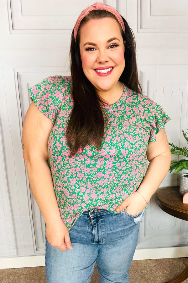 Dreamy Green & Pink Floral Yoke Ruffle Short Sleeve Top - Coeur de la Mode