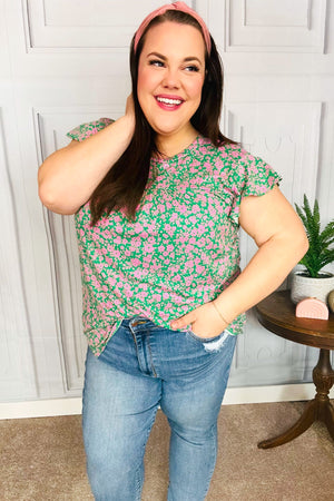 Dreamy Green & Pink Floral Yoke Ruffle Short Sleeve Top - Coeur de la Mode