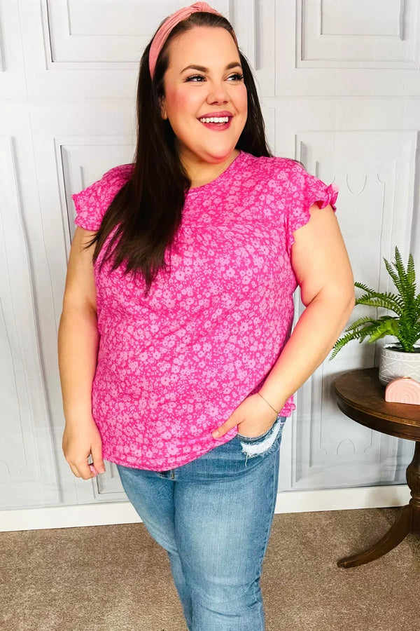Look Of Love Fuchsia Floral Yoke Ruffle Short Sleeve Top - Coeur de la Mode