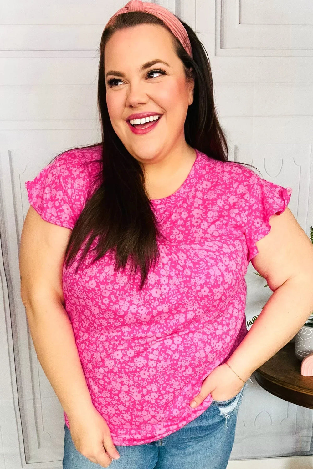Look Of Love Fuchsia Floral Yoke Ruffle Short Sleeve Top - Coeur de la Mode