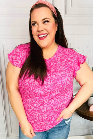 Look Of Love Fuchsia Floral Yoke Ruffle Short Sleeve Top - Coeur de la Mode