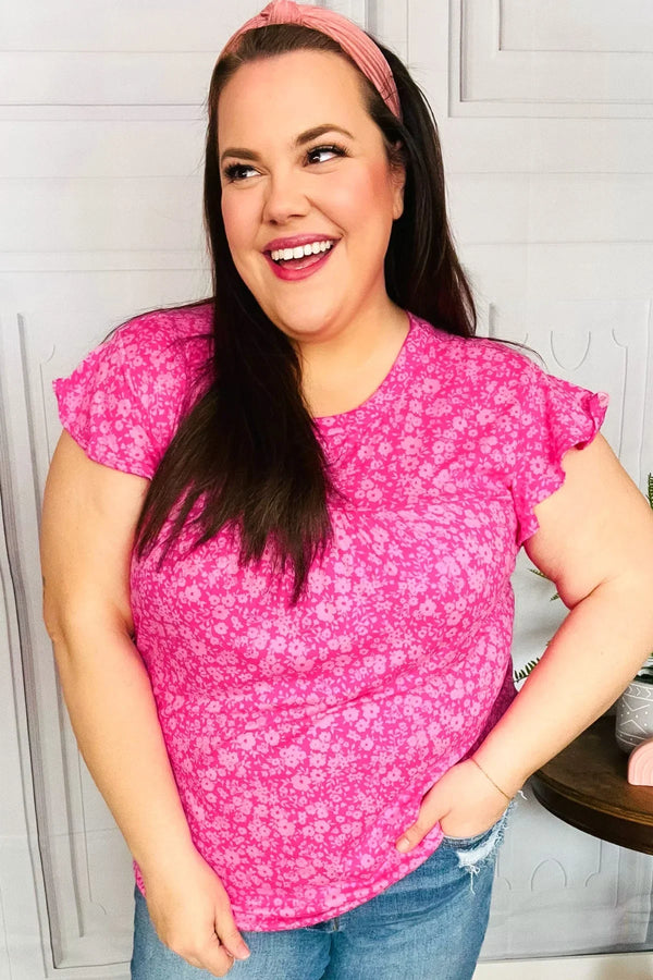 Look Of Love Fuchsia Floral Yoke Ruffle Short Sleeve Top - Coeur de la Mode