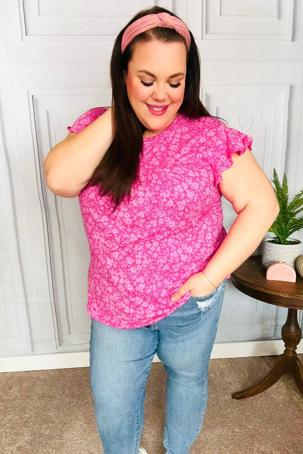 Look Of Love Fuchsia Floral Yoke Ruffle Short Sleeve Top - Coeur de la Mode