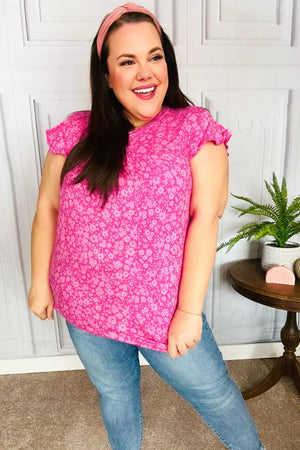 Look Of Love Fuchsia Floral Yoke Ruffle Short Sleeve Top - Coeur de la Mode