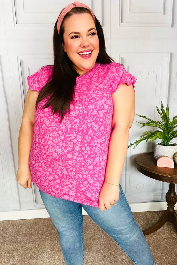 Look Of Love Fuchsia Floral Yoke Ruffle Short Sleeve Top - Coeur de la Mode