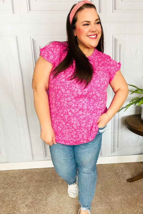 Look Of Love Fuchsia Floral Yoke Ruffle Short Sleeve Top - Coeur de la Mode