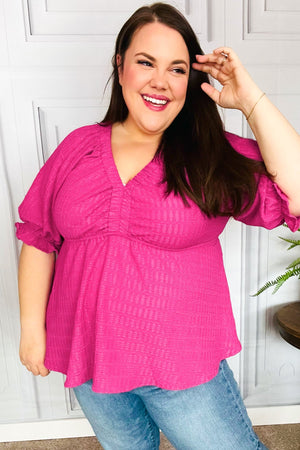 Feeling Strong Fuchsia Textured V Neck Babydoll Top - Coeur de la Mode