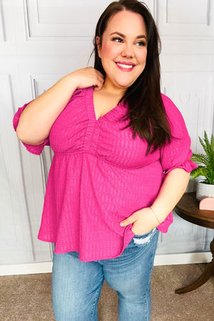 Feeling Strong Fuchsia Textured V Neck Babydoll Top - Coeur de la Mode