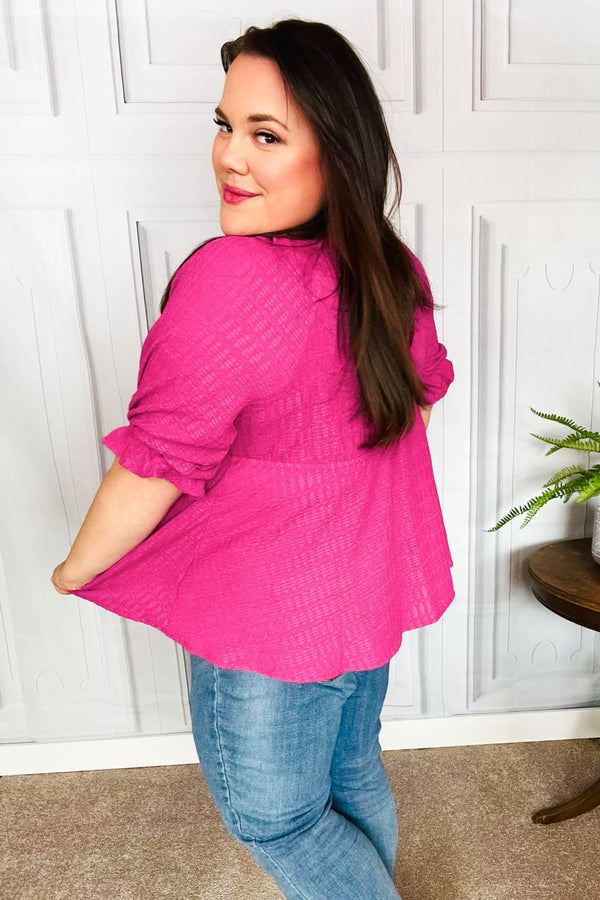 Feeling Strong Fuchsia Textured V Neck Babydoll Top - Coeur de la Mode