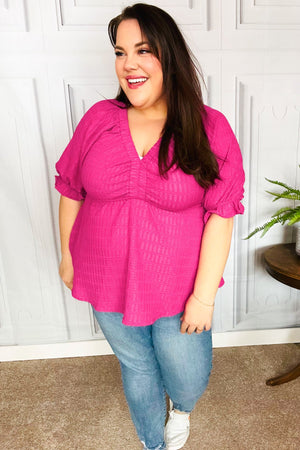 Feeling Strong Fuchsia Textured V Neck Babydoll Top - Coeur de la Mode