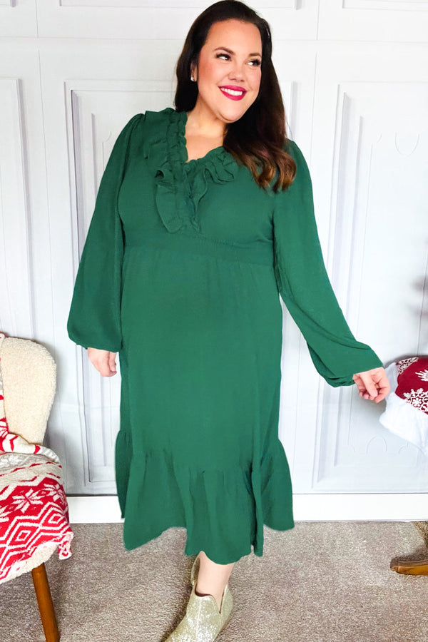 Beautiful You Holiday Green Overlap Ruffle V Neck Midi Dress - Coeur de la Mode