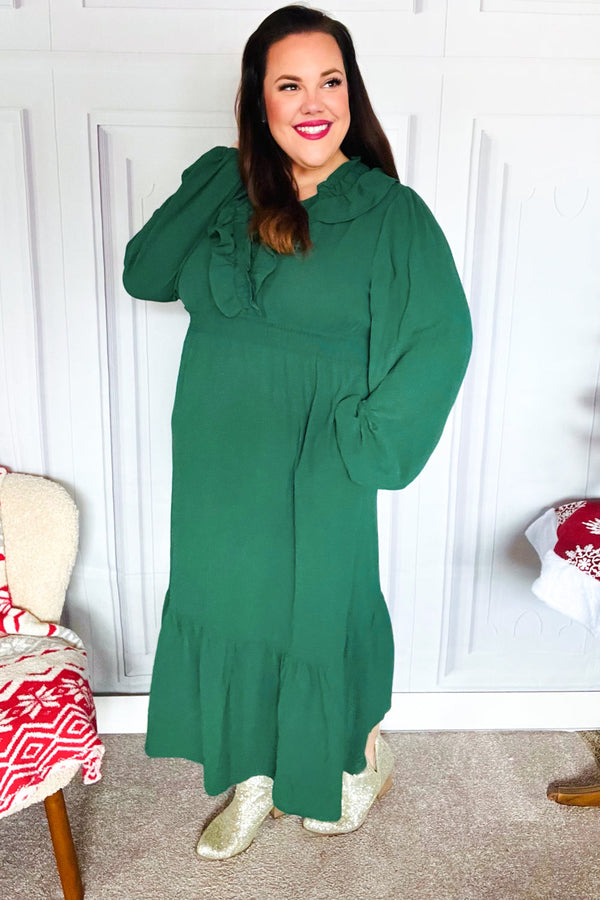 Beautiful You Holiday Green Overlap Ruffle V Neck Midi Dress - Coeur de la Mode