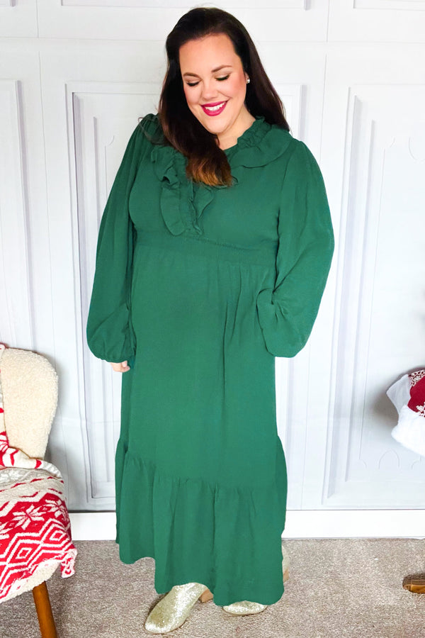 Beautiful You Holiday Green Overlap Ruffle V Neck Midi Dress - Coeur de la Mode