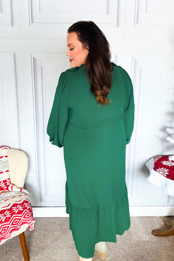 Beautiful You Holiday Green Overlap Ruffle V Neck Midi Dress - Coeur de la Mode