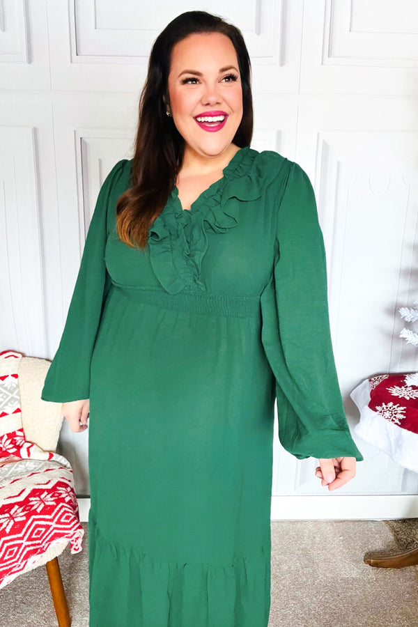Beautiful You Holiday Green Overlap Ruffle V Neck Midi Dress - Coeur de la Mode
