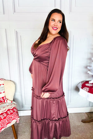 Holiday Vibes Wine Satin Front Overlap Smocked Back Maxi Dress - Coeur de la Mode