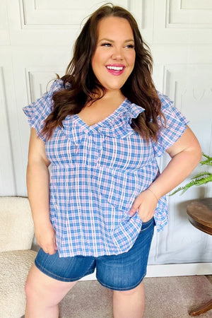 Hello Beautiful Blue Plaid V Neck Ruffle Elastic Babydoll Top - Coeur de la Mode