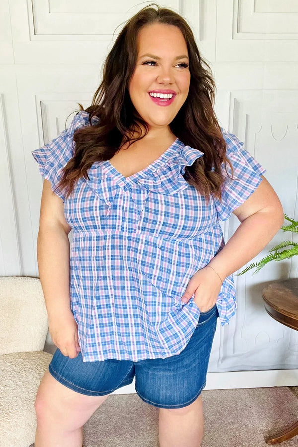 Hello Beautiful Blue Plaid V Neck Ruffle Elastic Babydoll Top - Coeur de la Mode
